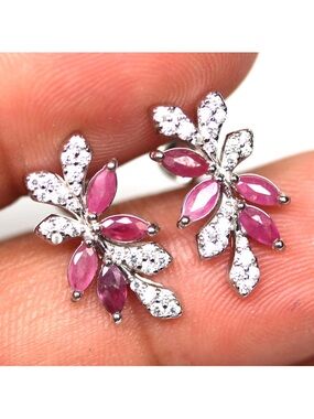 Elegant Genuine Ruby Marquise Floral Stud Earrings 925 Sterling Silver